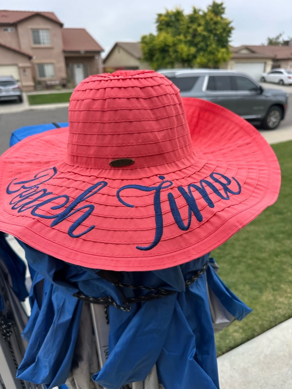Panama Jack Coral Pink Wide-Brim Beach Hat with Navy Script